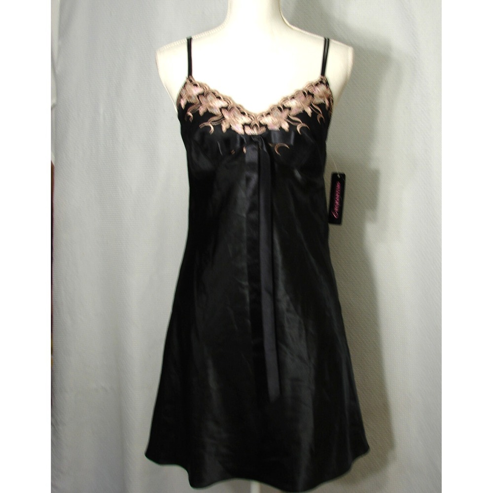 Vtg Enchanting Black Satin Baby Doll Slip Dress Nightie Whimsigoth Fairy Y2K M